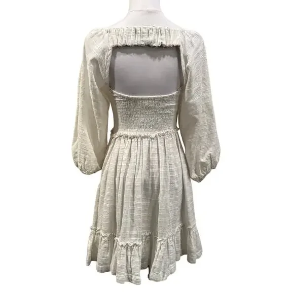 Free People White Picnic Mini Dress Cotton Smocked Puff Sleeve Coquette Cottage - Picture 3 of 9